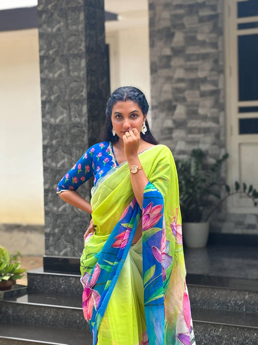 Hand-Brush Painted Saree in Pure Royal Georgette with Designer Blouse – Elegant Wedding & Party Wear Saree