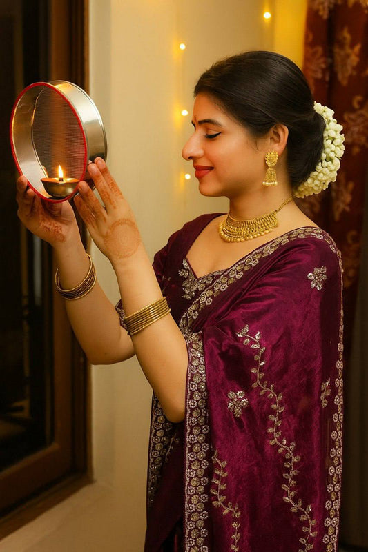 Maroon Sequin Embroidered Saree with Stitched Blouse (Size 38–42")