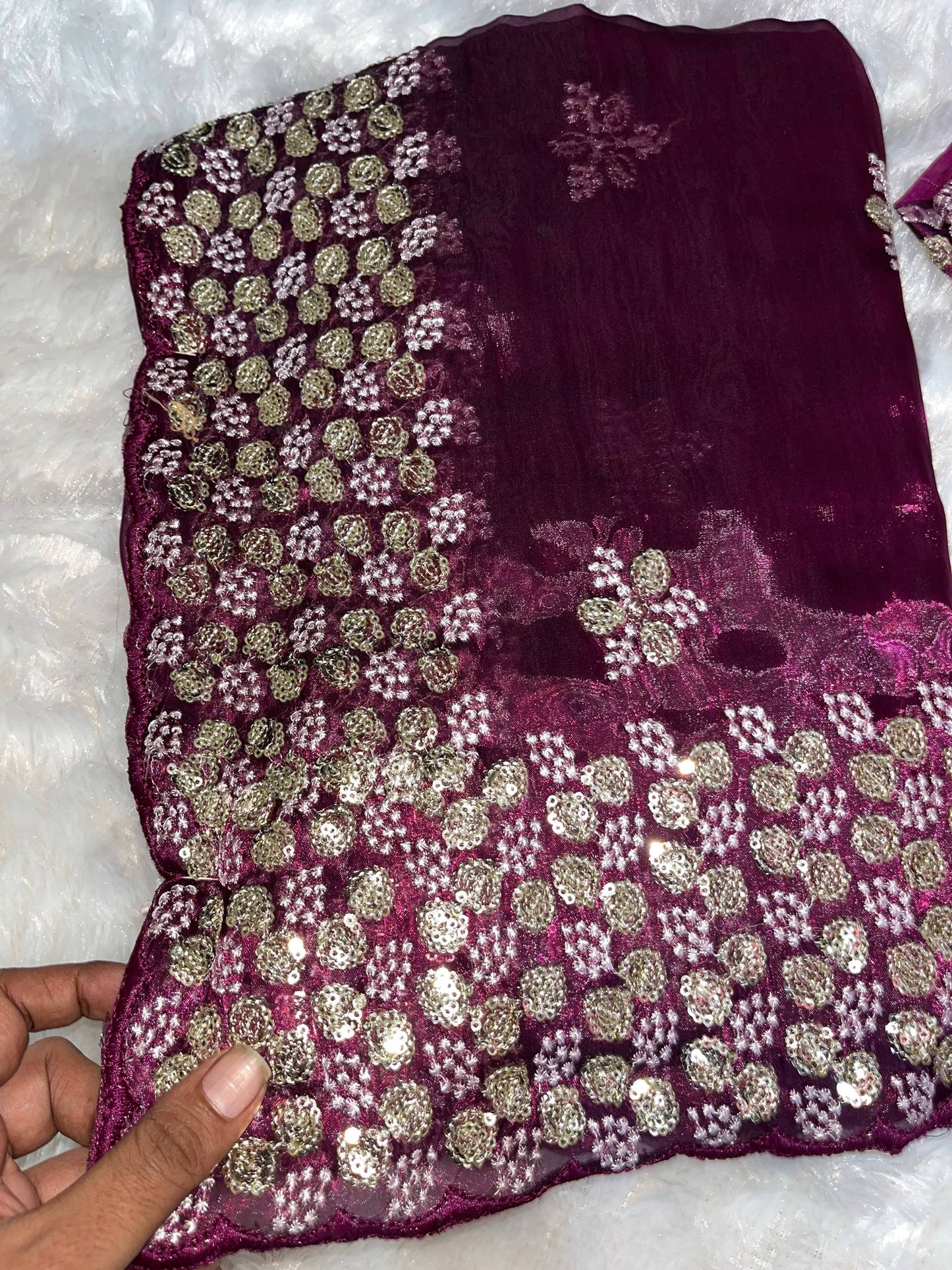 Maroon Sequin Embroidered Saree with Stitched Blouse (Size 38–42")