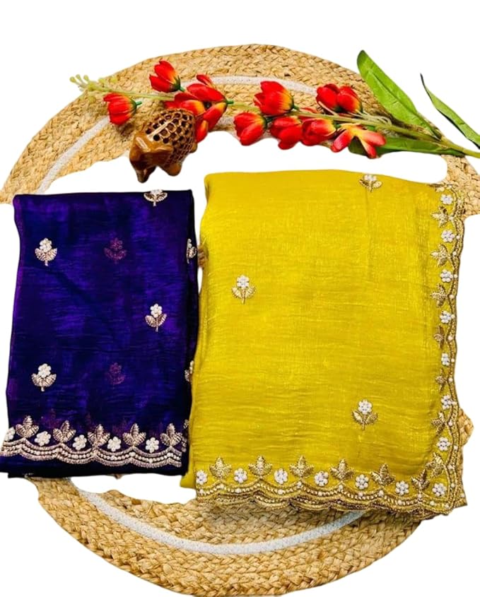 Combo of 2 Most Viral Embroidered Sarees with Moti & Cutwork Border | Premium Wedding & Party Wear Deal