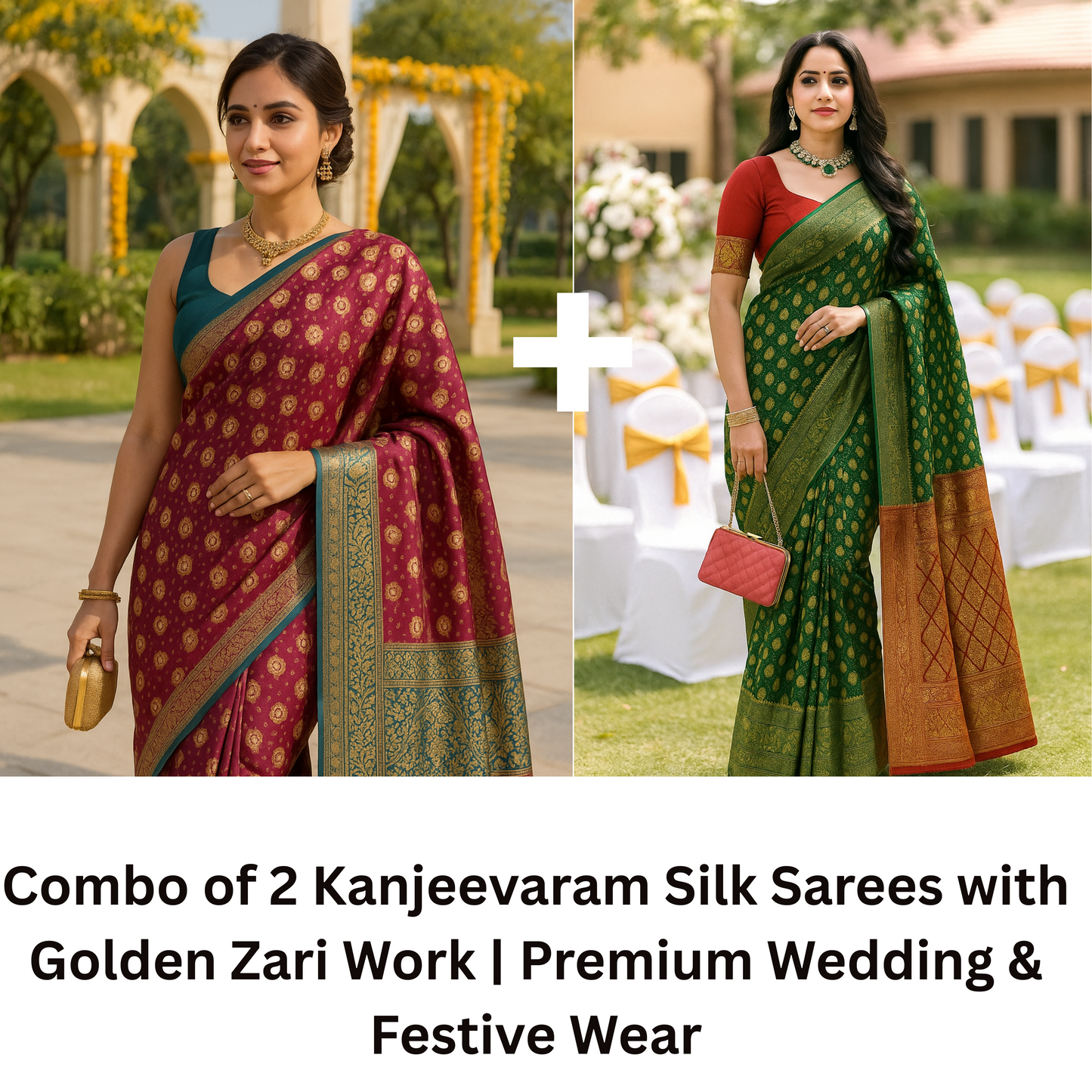 Combo of 2 Kanjeevaram Silk Sarees with Golden Zari Work | Premium Wedding & Festive Wear