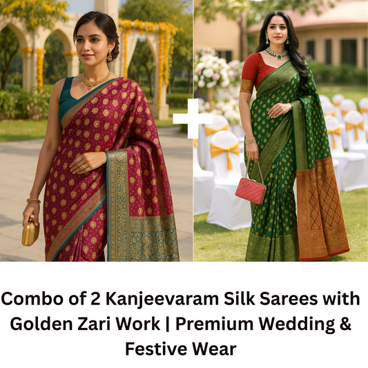 Combo of 2 Kanjeevaram Silk Sarees with Golden Zari Work | Premium Wedding & Festive Wear