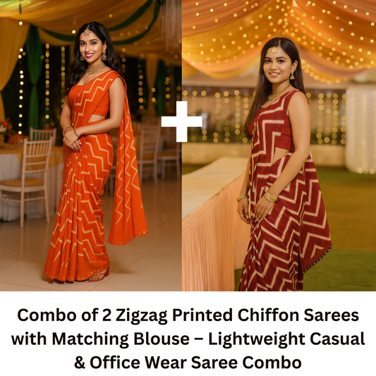 Combo of 2 Zigzag Printed Chiffon Sarees | Lightweight Daily, Casual & Office Wear Deal