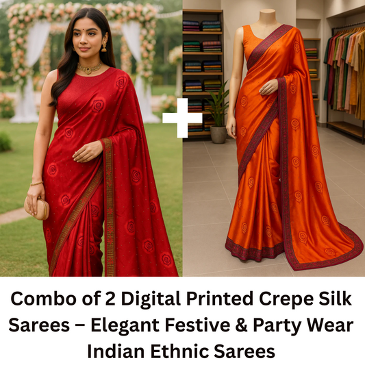 Combo of 2 Digital Printed Crepe Silk Sarees | Premium Festive, Wedding & Party Wear Deal