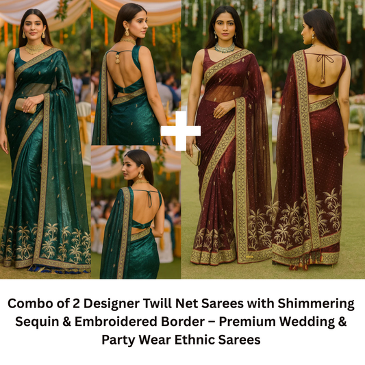 Combo of 2 Designer Twill Net Sarees with All-Over Sequin & Golden Embroidered Border | Premium Party & Wedding Wear Deal