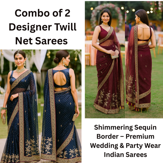 Combo of 2 Designer Twill Net Sarees with Sequin & Golden Embroidered Borders | Premium Wedding & Party Wear Deal