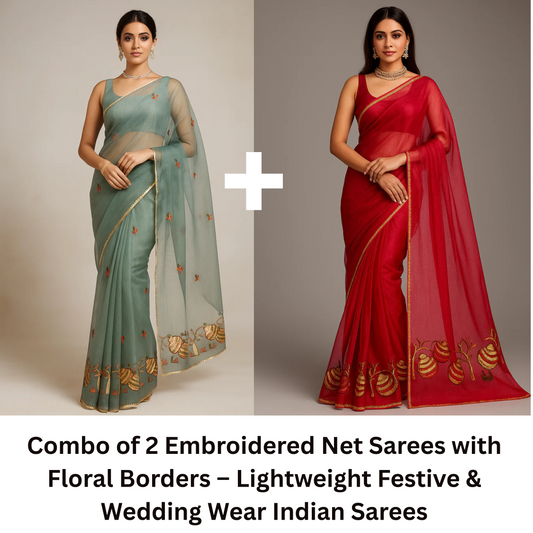 Combo of 2 Embroidered Net Sarees with Floral Border | Lightweight Festive & Wedding Wear Deal
