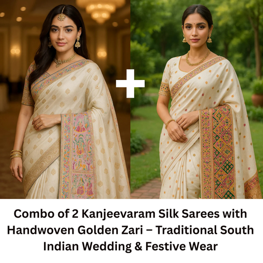 Combo of 2 Kanjeevaram Silk Sarees with Handwoven Zari | Traditional South Indian Festive & Wedding Wear Deal