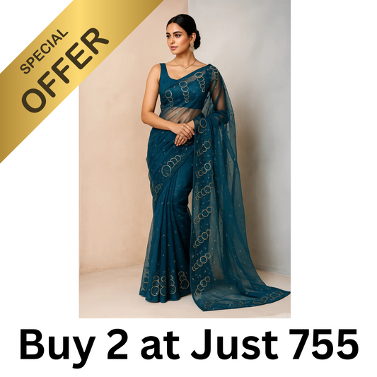 Combo of 2 Midnight Blue Organza Sarees with Golden Sequin Embroidery | Premium Festive & Wedding Deal