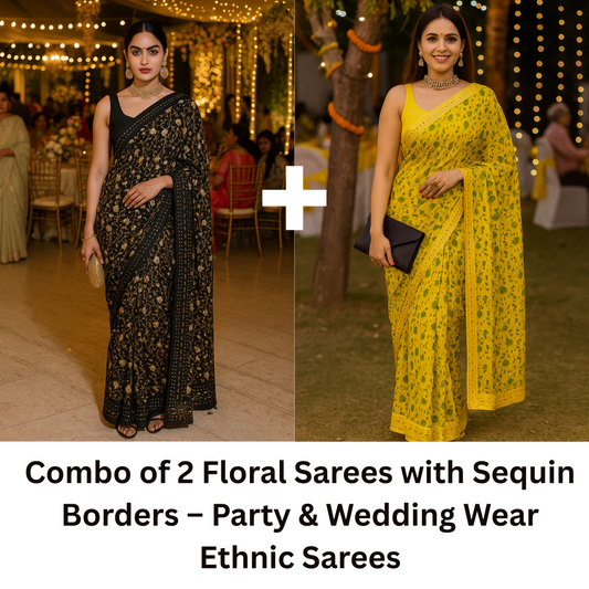 Combo of 2 Floral Sarees with Sequin Border | Lightweight Party & Festive Wear