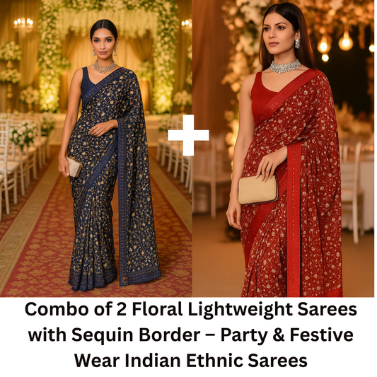 Combo of 2 Lightweight Floral Sarees with Sequin Borders | Party, Festive & Wedding Wear Deal