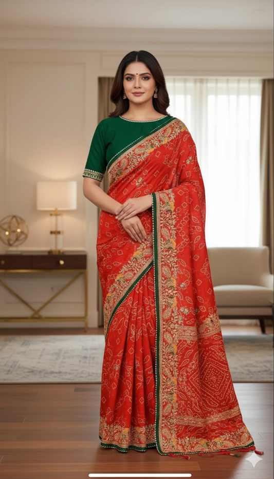 Bandhani Gharchola Saree in Pure Georgette with Intricate Embroidery – Navratri, Garba & Wedding Look, 6.3 Mtr with Blouse Piece