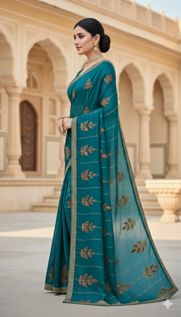 Premium Space Silk Saree with Thread Embroidery & Jarkan Diamond Cut Work Border – Festive & Wedding Wear, 6.3 Mtr with Blouse