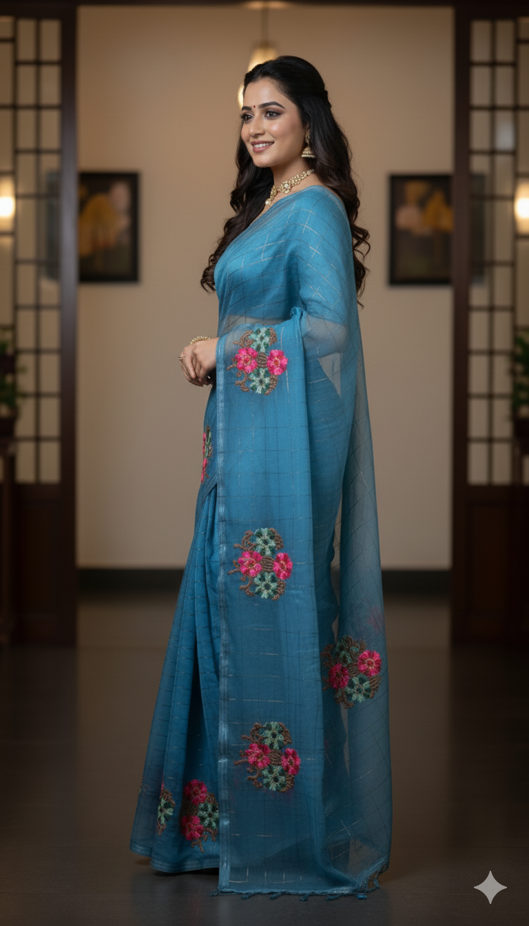 Blue Cotton Mix Saree with Golden Zari Weaving & Floral Embroidery – Designer Party & Festive Wear, 6.3 Mtr with Matching Blouse