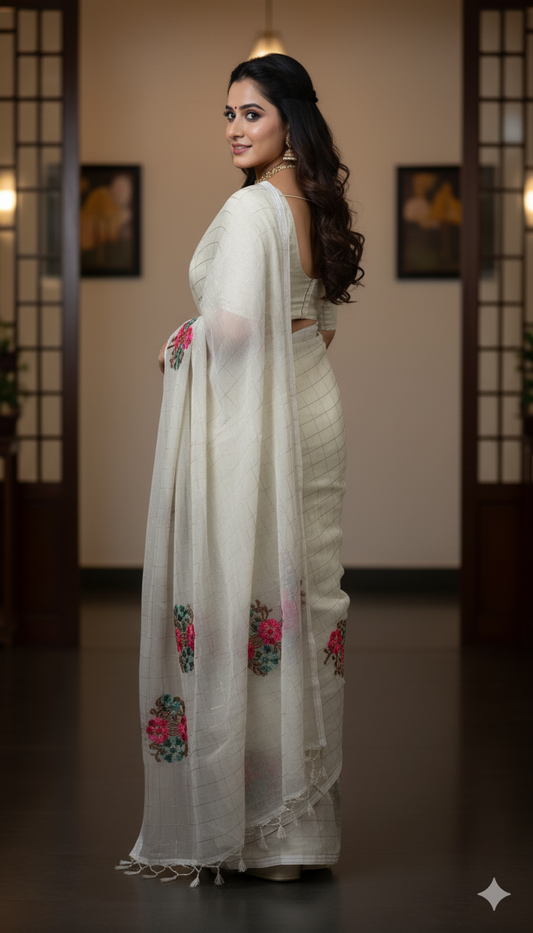Cotton Mix Saree with Golden Zari Weaving & Floral Embroidery – Designer Party & Festive Wear, 6.3 Mtr with Blouse