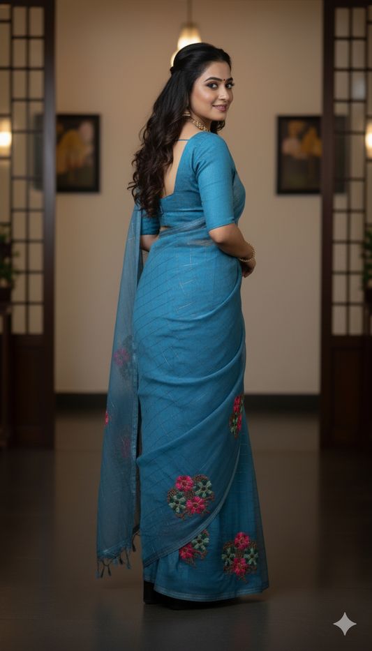 Blue Cotton Mix Saree with Golden Zari Weaving & Floral Embroidery – Designer Party & Festive Wear, 6.3 Mtr with Matching Blouse