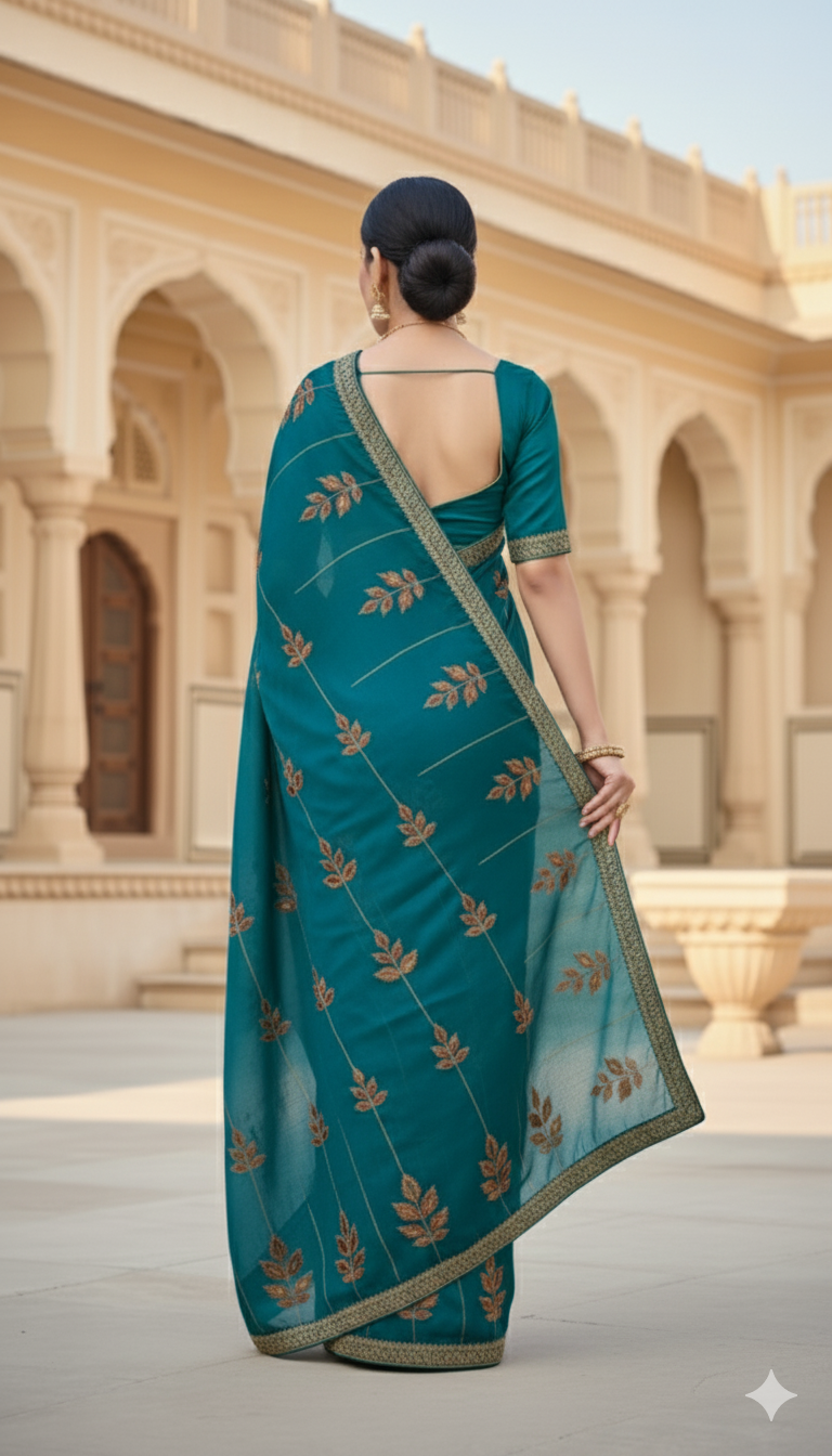 Premium Space Silk Saree with Thread Embroidery & Jarkan Diamond Cut Work Border – Festive & Wedding Wear, 6.3 Mtr with Blouse