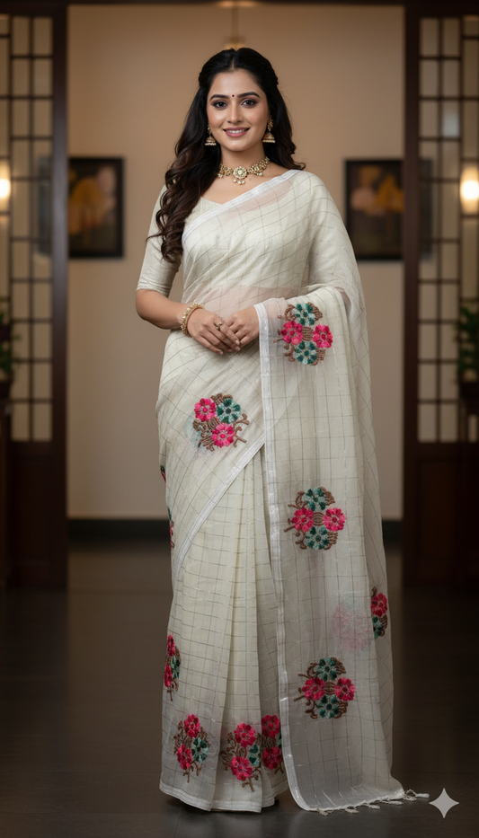 Cotton Mix Saree with Golden Zari Weaving & Floral Embroidery – Designer Party & Festive Wear, 6.3 Mtr with Blouse