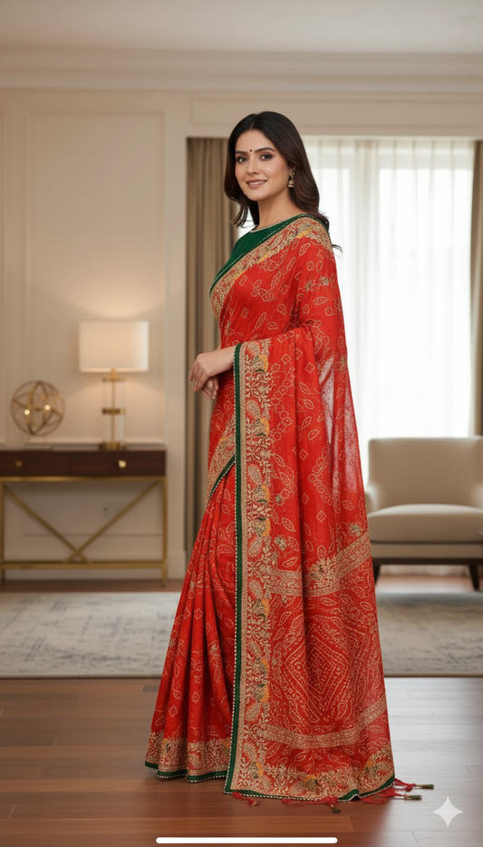 Bandhani Gharchola Saree in Pure Georgette with Intricate Embroidery – Navratri, Garba & Wedding Look, 6.3 Mtr with Blouse Piece