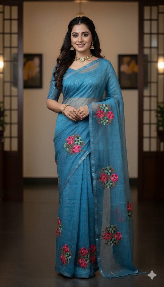 Blue Cotton Mix Saree with Golden Zari Weaving & Floral Embroidery – Designer Party & Festive Wear, 6.3 Mtr with Matching Blouse