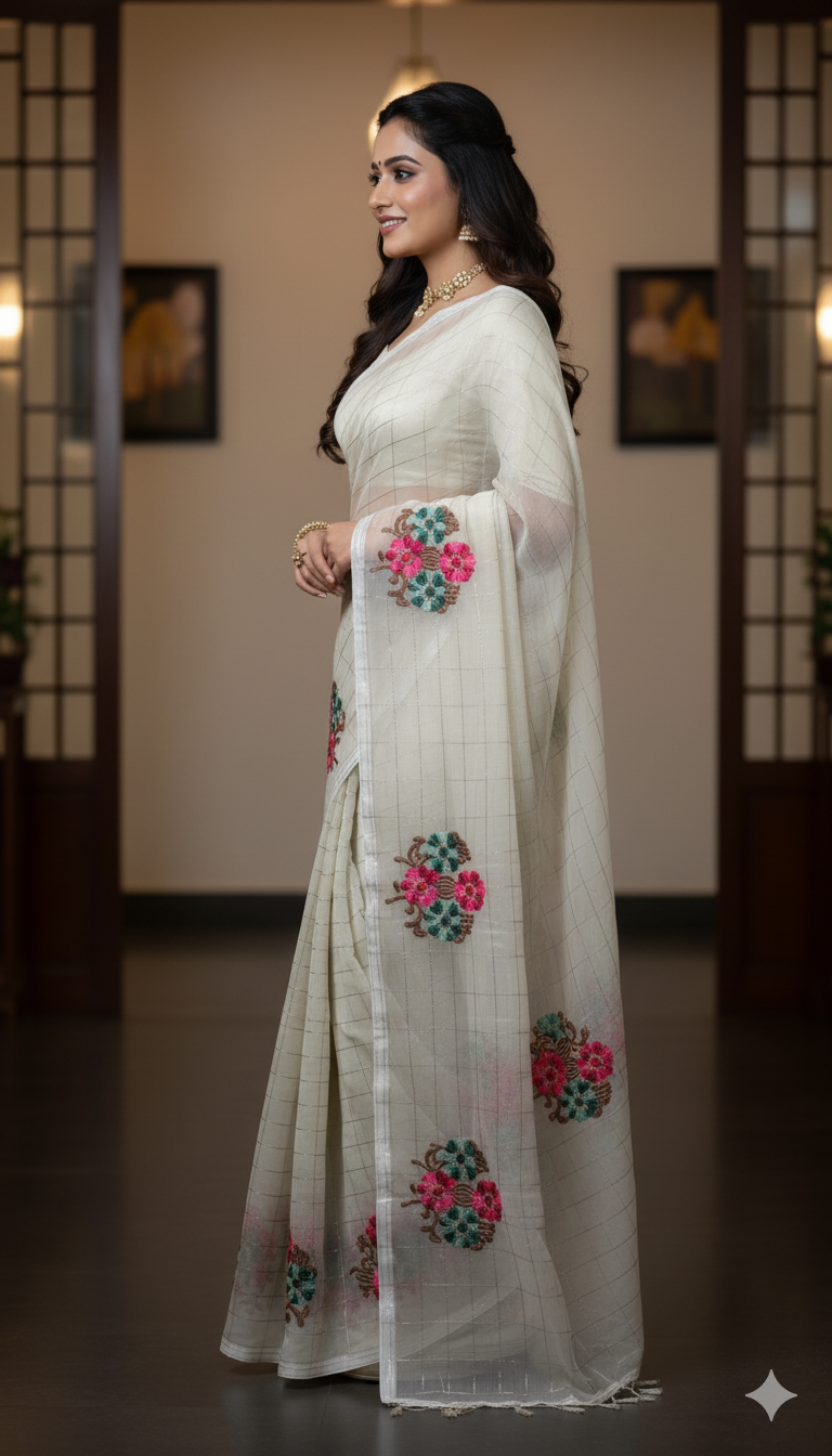 Cotton Mix Saree with Golden Zari Weaving & Floral Embroidery – Designer Party & Festive Wear, 6.3 Mtr with Blouse