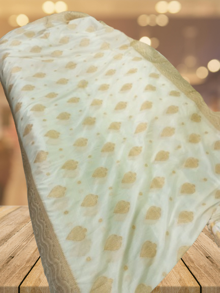 Elegant Off-White Banarasi Silk Saree with Golden Zari Work