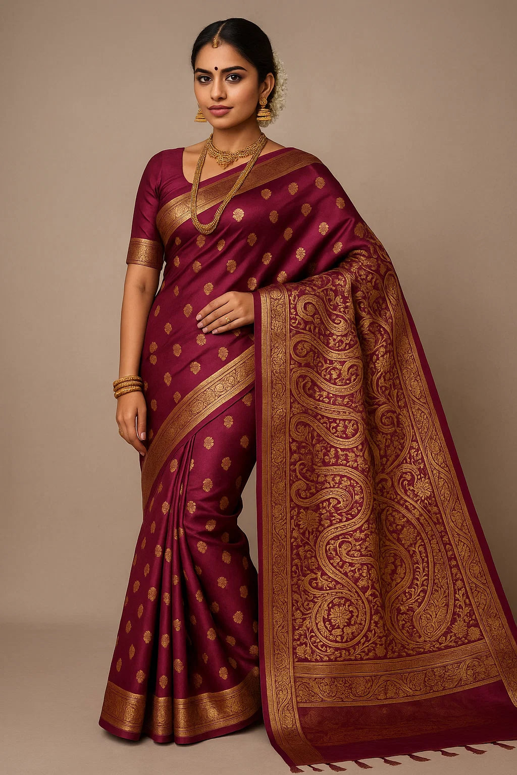 Regal Maroon Kanjeevaram Silk Saree with Golden Zari Butta and Intricate Border
