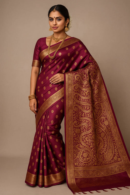 Regal Maroon Kanjeevaram Silk Saree with Golden Zari Butta and Intricate Border