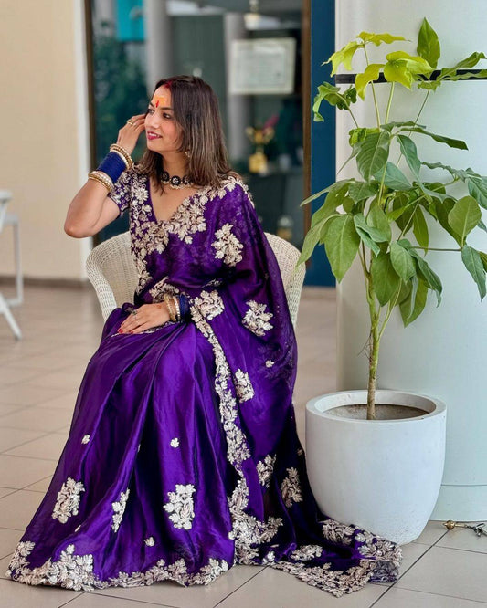 A Designer Party Saree with Embroidery work and stitched blouse – Party & Wedding Wear)