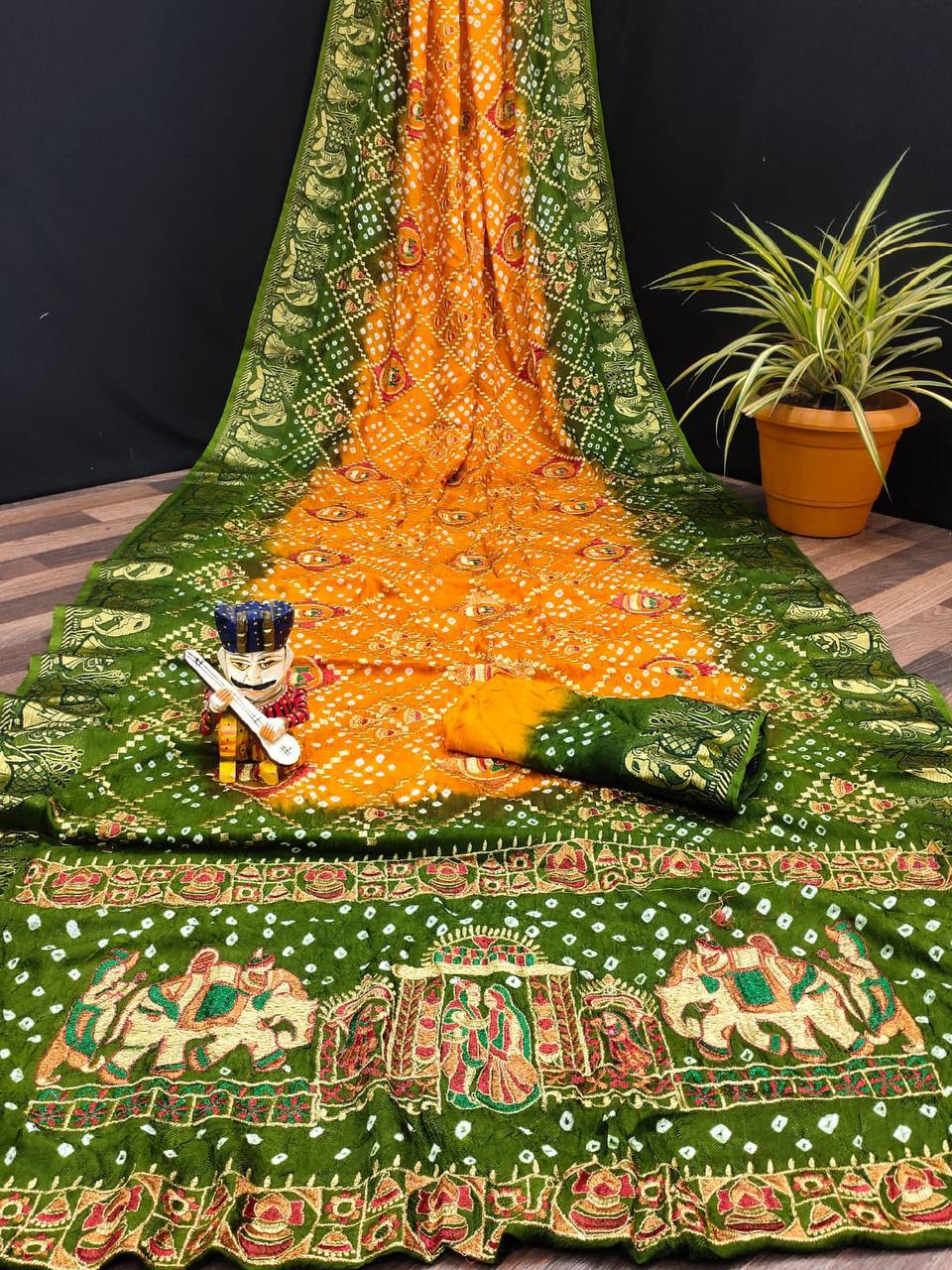 A Traditional Bandhej Saree with Royal Kathiyawadi Embroidery