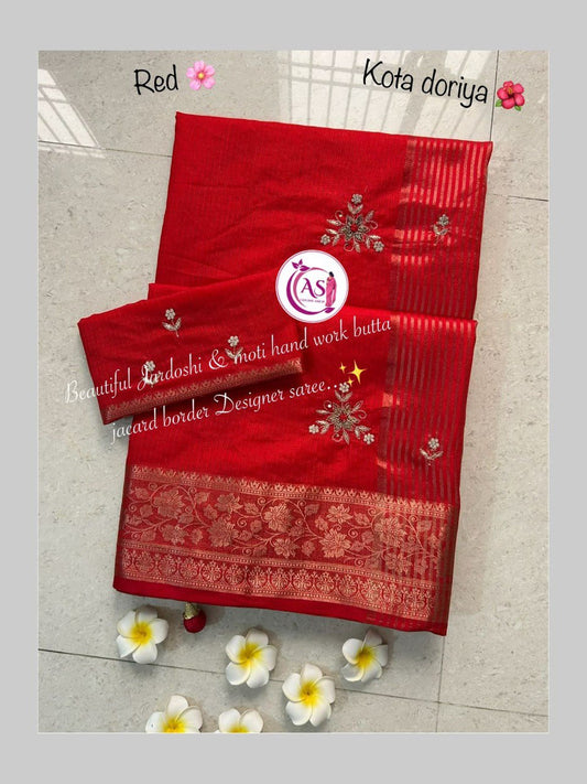 A Lovely Jardoshi & Moti Handwork Kota Doriya Saree