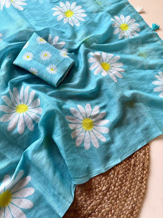 A Pure Linen Digital Floral Saree