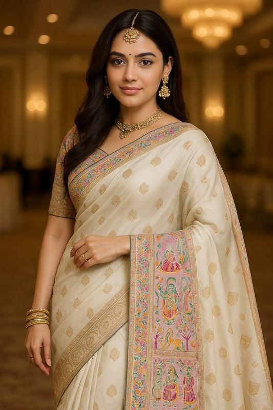 White Pure Kanjeevaram Silk Saree with Zari Weaving & Rich Pallu