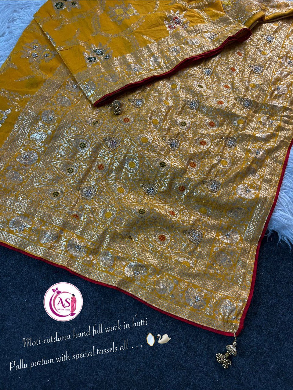 A Dola Silk Designer Saree – Cutdana & Moti Handwork Elegance