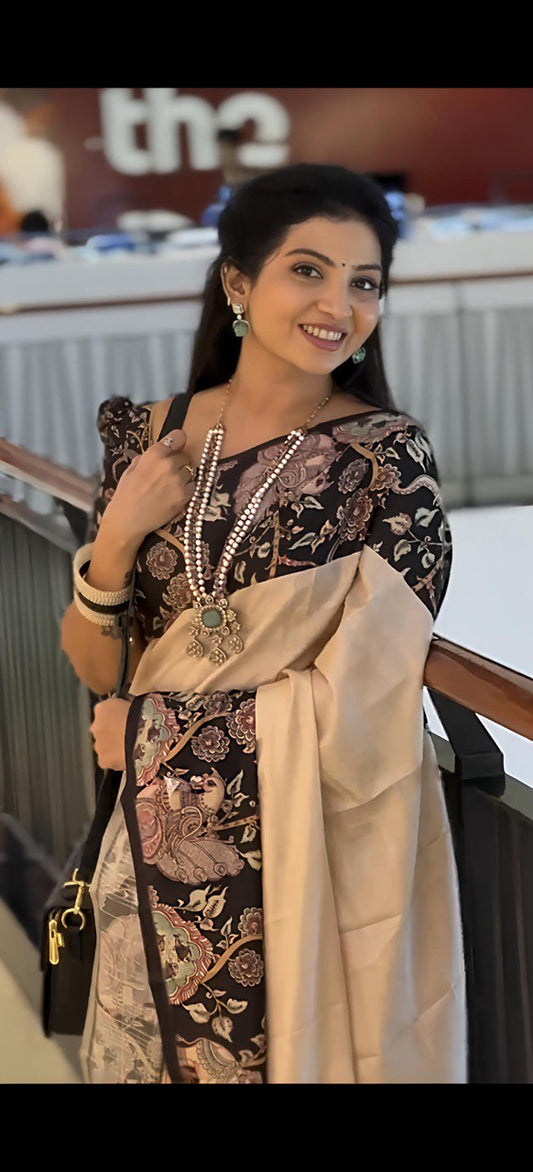 A Heavy Handloom Tussar Silk Saree with Gajraj Chitrakala Digital Print