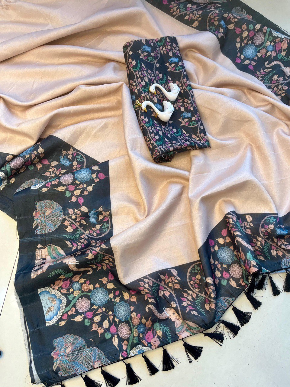 A Heavy Handloom Tussar Silk Saree with Gajraj Chitrakala Digital Print