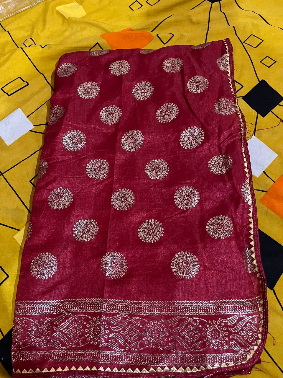 Elegant Brown Vichitra Silk Saree with Foil Print & Samosa Lace Border