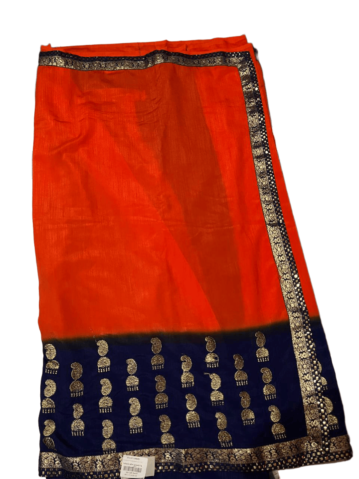 Elegant Orange & Blue Vichitra Silk Saree with Lace Border Blouse