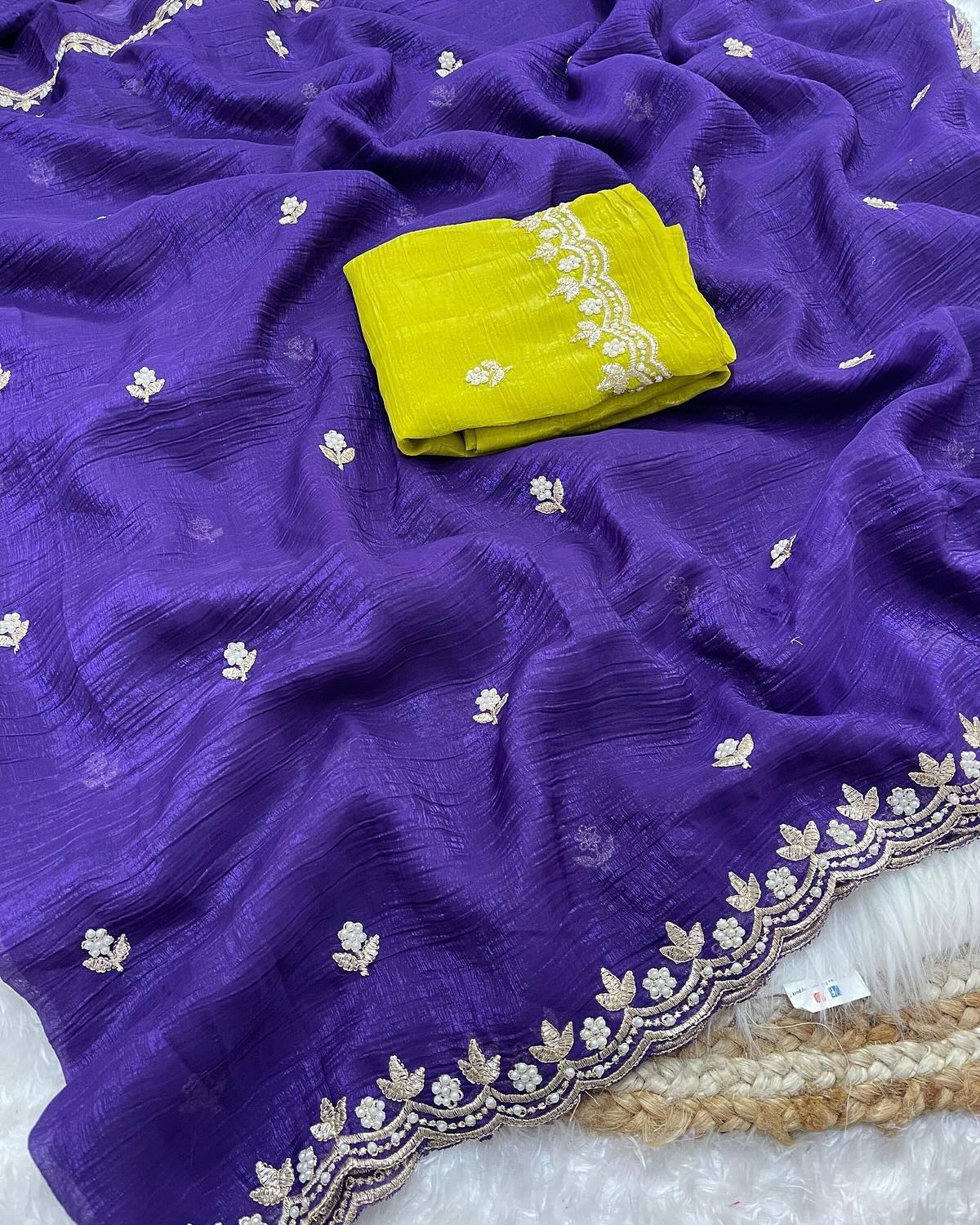 Combo of 2 Most Viral Embroidered Sarees with Moti & Cutwork Border | Premium Wedding & Party Wear Deal