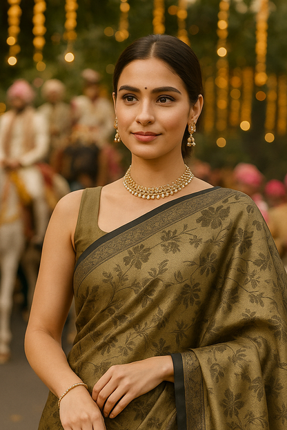 Elegant Olive Black Braso Silk Saree