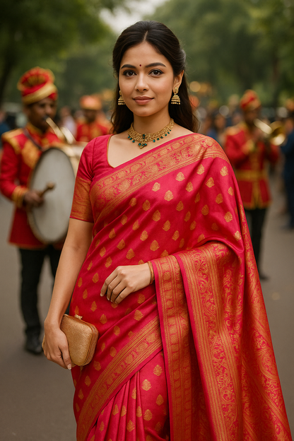 Exquisite Emerald Red Kanjeevaram Silk Saree with Golden Zari Work and Matching Blouse