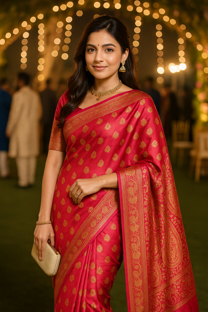 Exquisite Emerald Red Kanjeevaram Silk Saree with Golden Zari Work and Matching Blouse