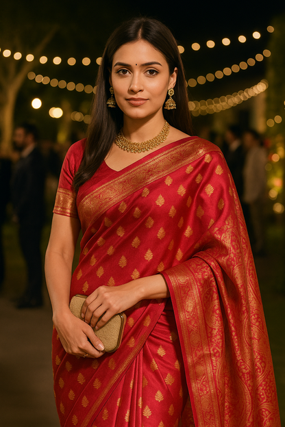 Exquisite Emerald Red Kanjeevaram Silk Saree with Golden Zari Work and Matching Blouse