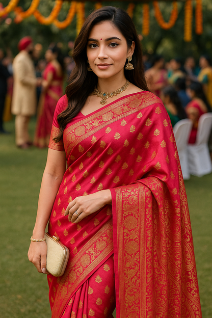 Exquisite Emerald Red Kanjeevaram Silk Saree with Golden Zari Work and Matching Blouse