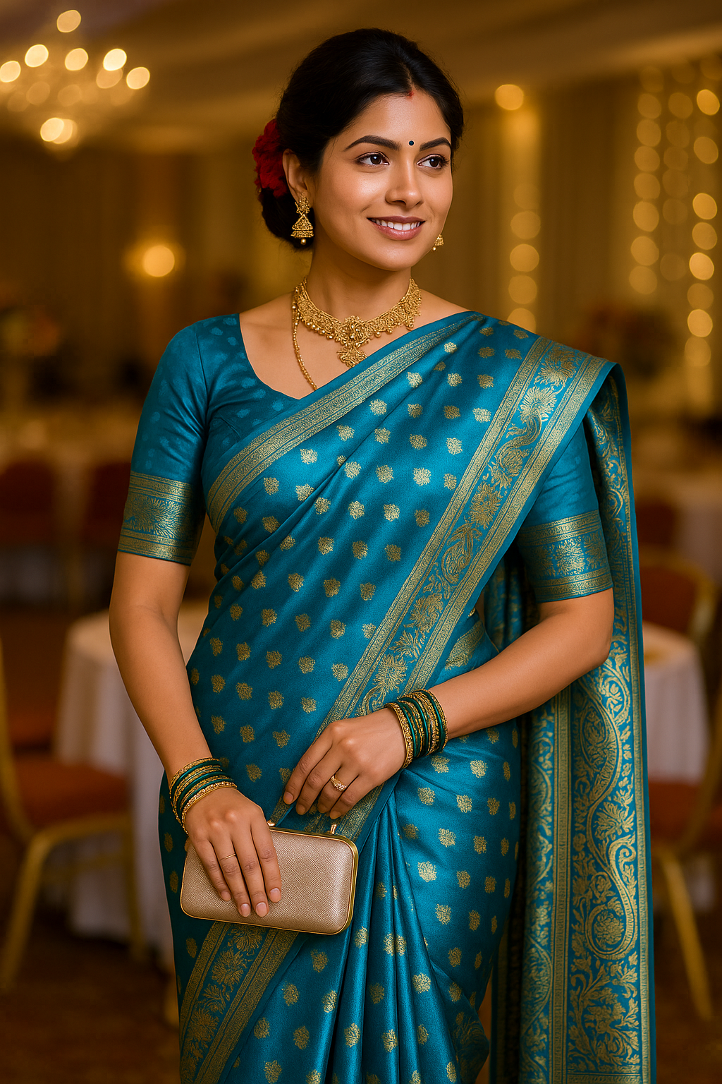 Emerald Turquoise Blue Kanjeevaram Silk Saree with Intricate Golden Zari Work