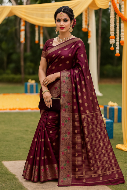 Radiant Maroon Organza Silk Saree with Golden Zari Work and Matching Blouse
