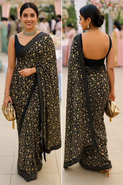 Elegant Black Floral Saree with Sequin Border