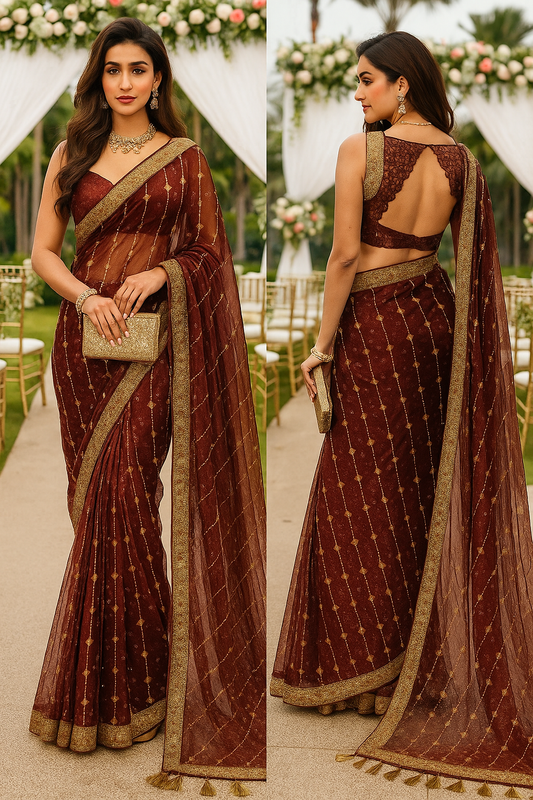 Regal Maroon Twill Net Saree with Golden Embroidery & All-Over Saronski Work