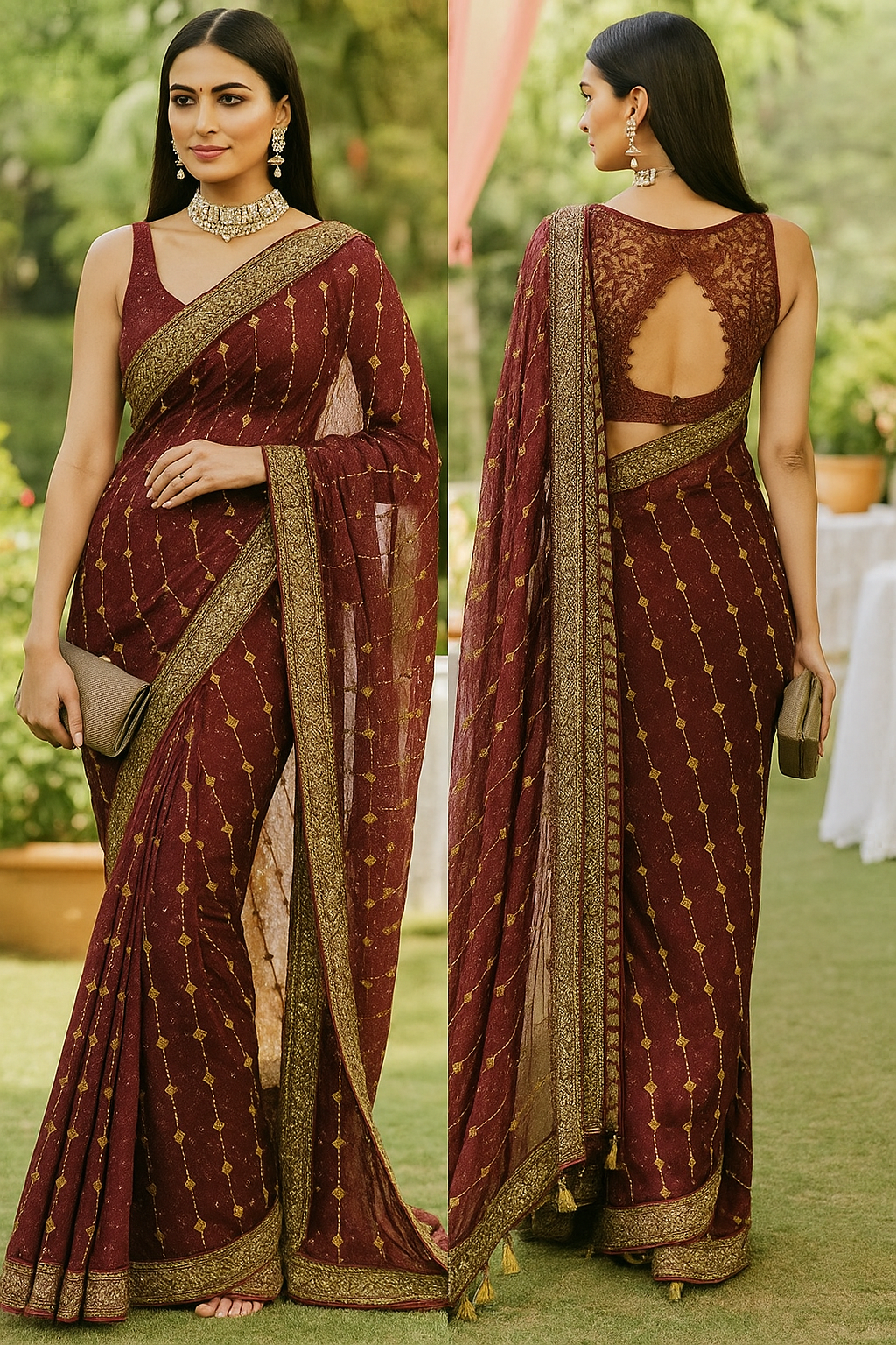 Regal Maroon Twill Net Saree with Golden Embroidery & All-Over Saronski Work