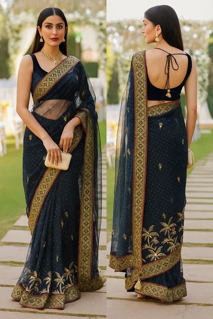 Combo of 2 Designer Twill Net Sarees with Sequin & Golden Embroidered Borders | Premium Wedding & Party Wear Deal